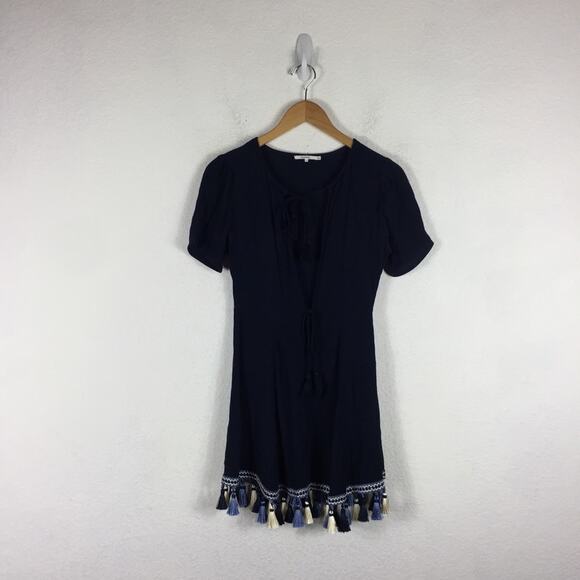 Revolve Tularosa Tallulah Blue Tassel Hem Mini Dress XS Plunge Neckline Boho - Picture 3 of 16